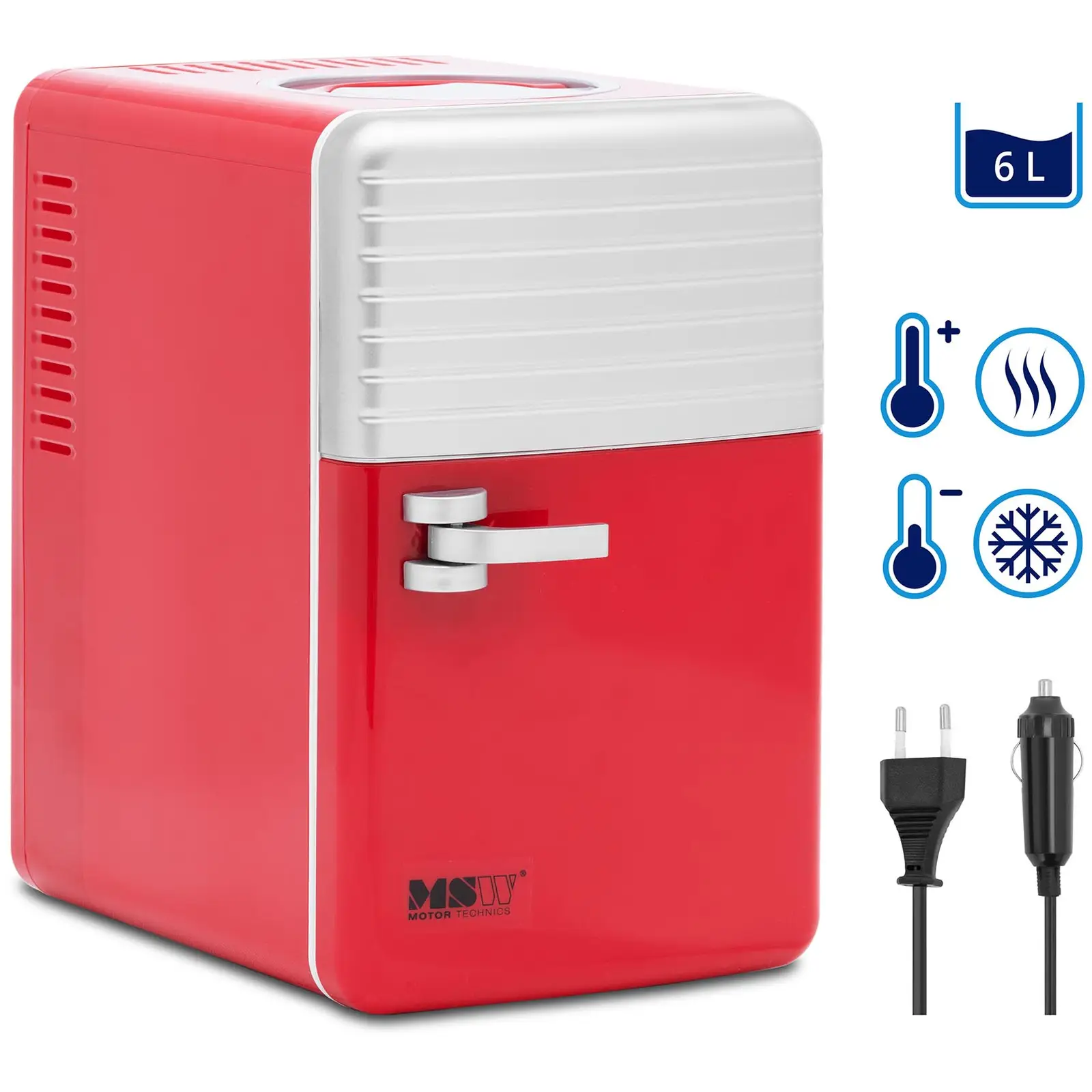 Mini-køleskab 12V 230V - varmefunktion - 6 l - rødt og sølv