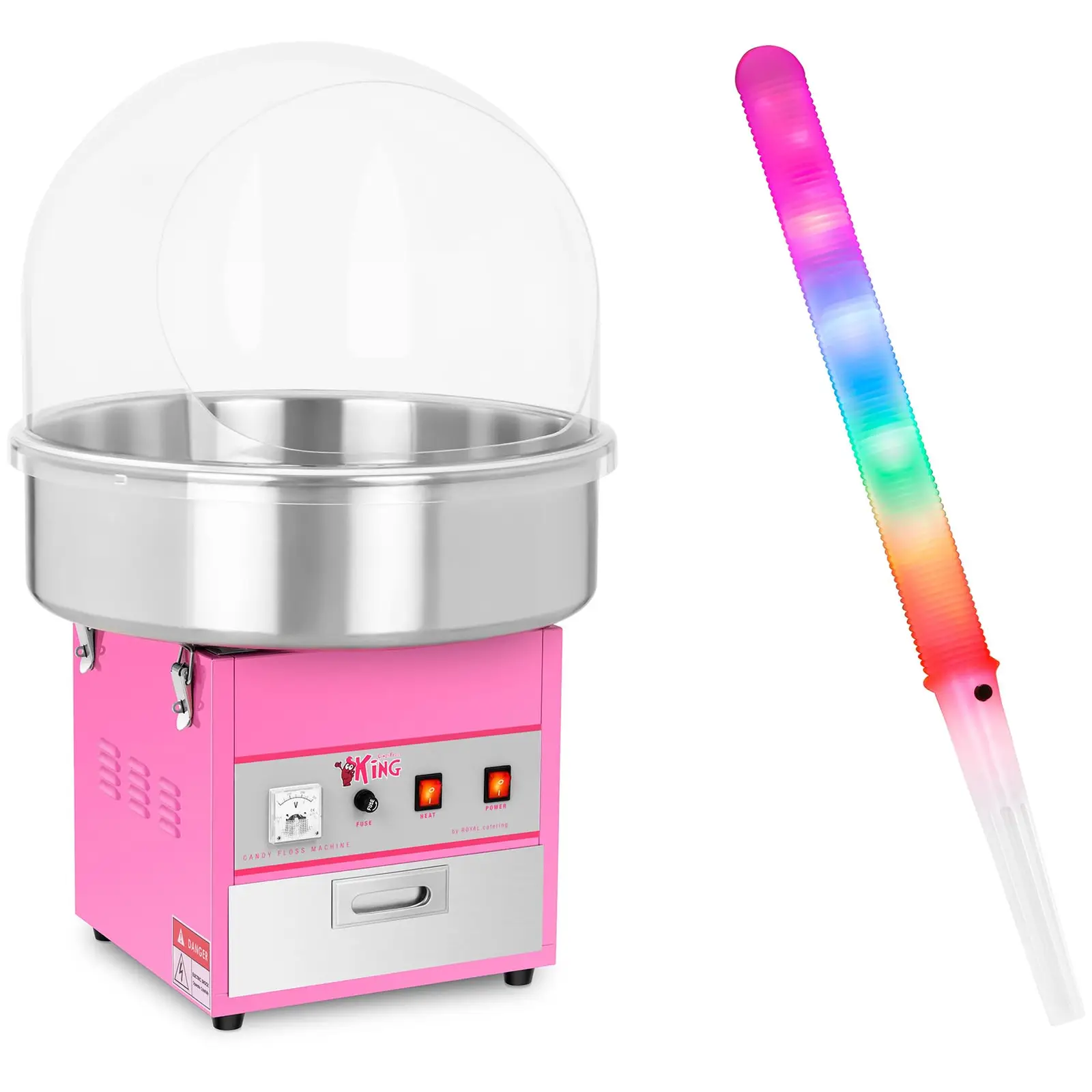 Candyfloss-maskine - sæt inkl. 50 stk. candyfloss-pinde LED og beskyttelseskuppel 52 cm - 1.200 W