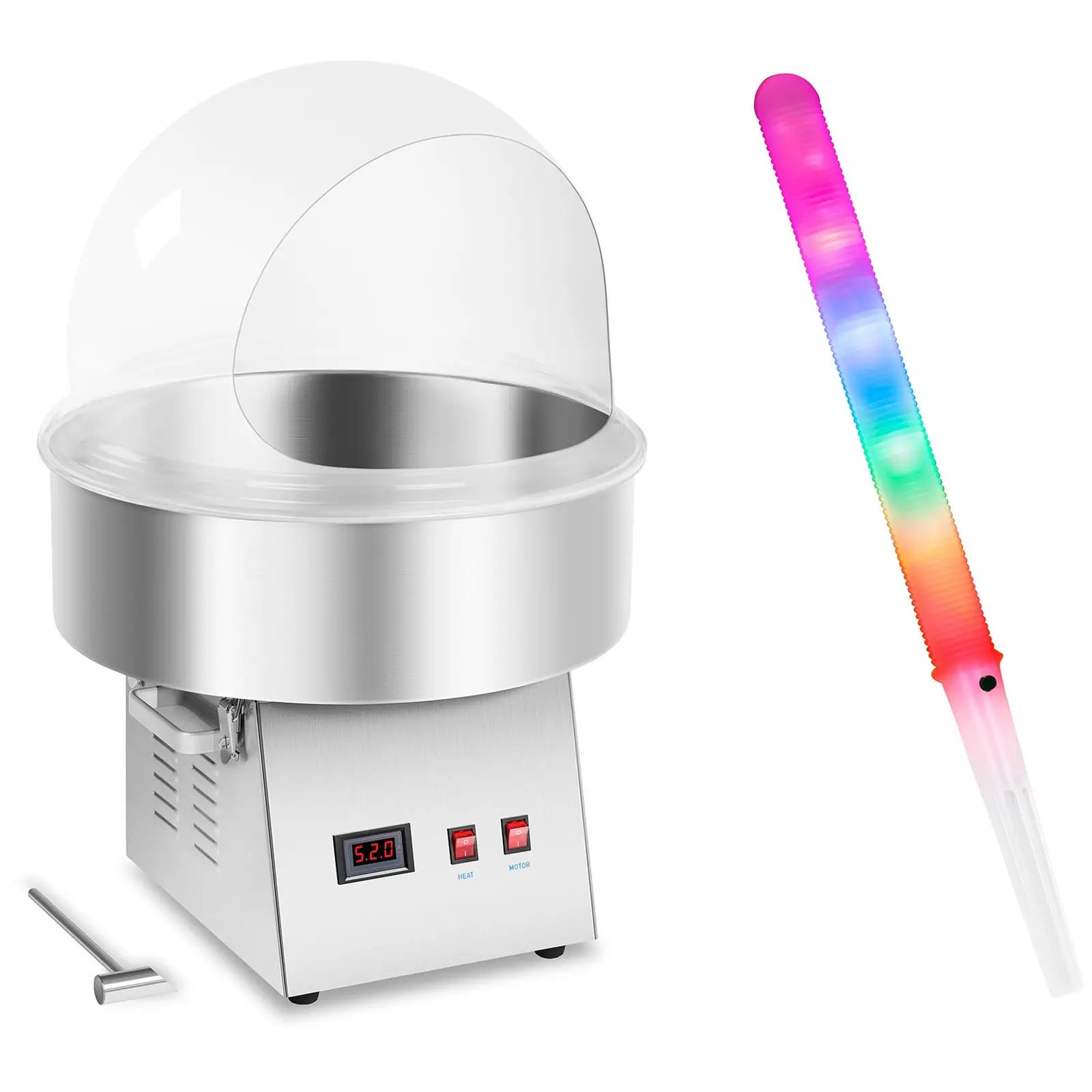 Candyfloss-maskine - sæt inkl. candyfloss-pinde LED og beskyttelseskuppel - 52 cm - 1.030 W