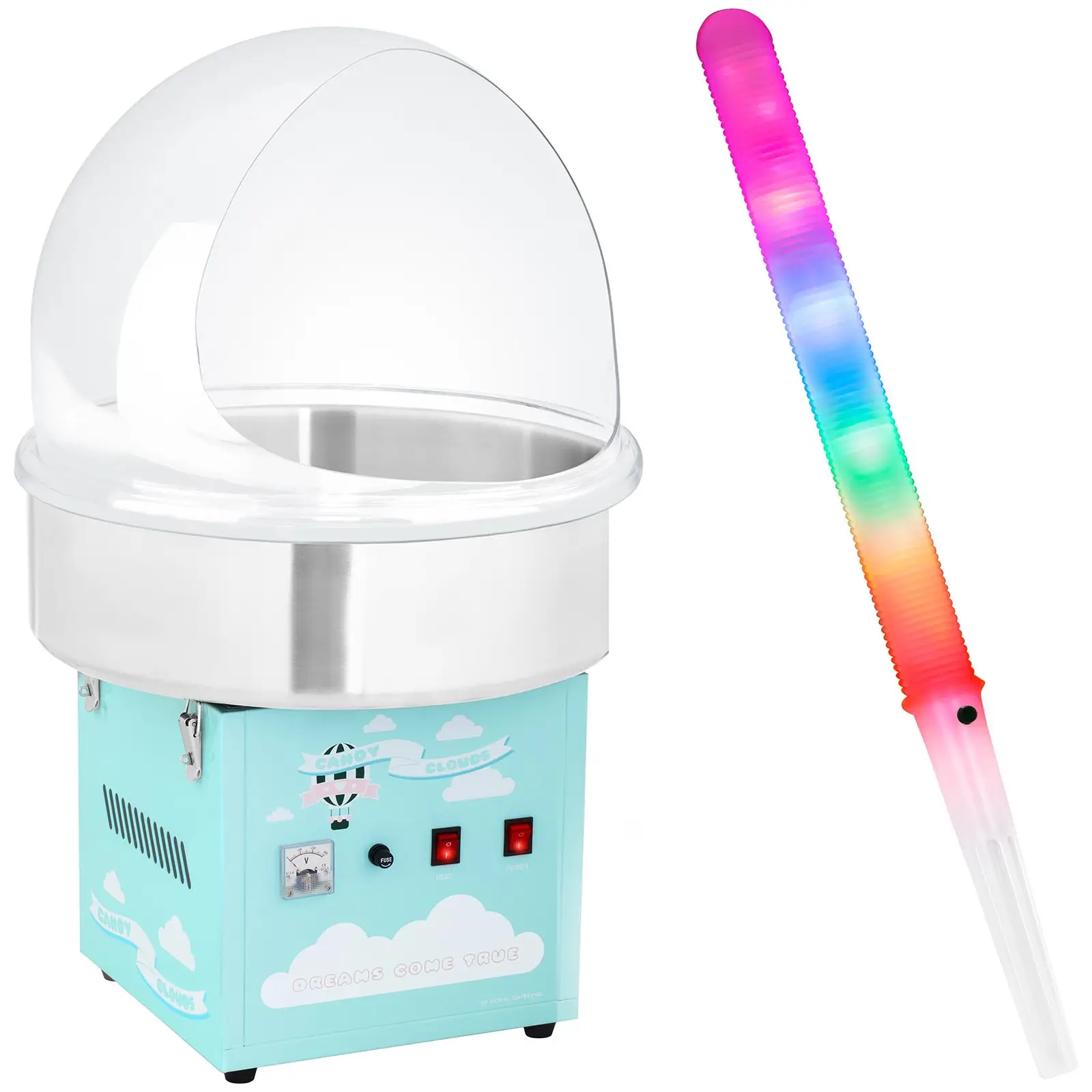 Candyfloss-maskine - sæt inkl. candyfloss-pinde LED og beskyttelseskuppel - 52 cm - 1.200 W - turkis