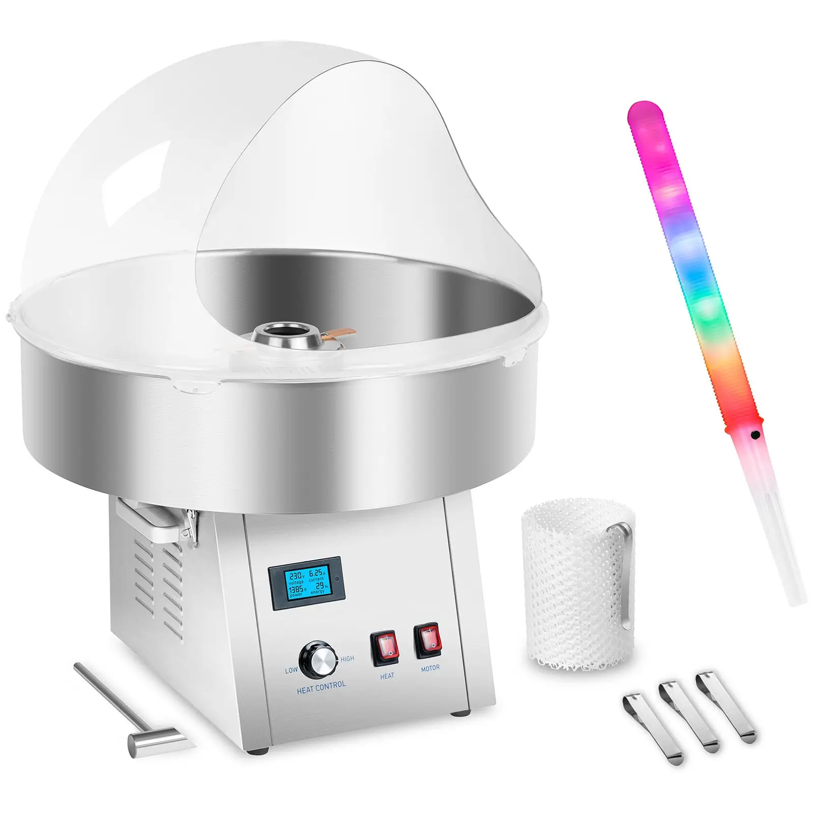 Candyfloss-maskine - sæt inkl. candyfloss-pinde LED, beskyttelseskuppel og candyfloss-net - 62 cm - 1.500 W